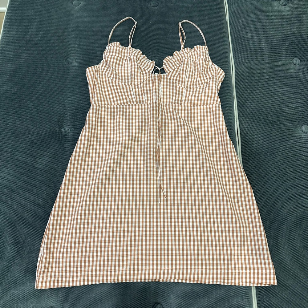 Gingham Ruffle Bust Tie-Front Sundress - Brown & White